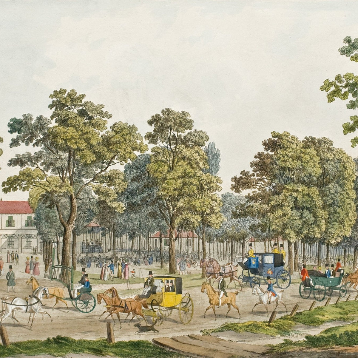 Hand painted oil on canvas landscape oil painting of Grand Avenue Park with carriages, figures, and lush green trees using. - Add Frame, Canvas, Figure, Forest, Garden, Hand Painted, Landscape, Made To Order, Oil Painting