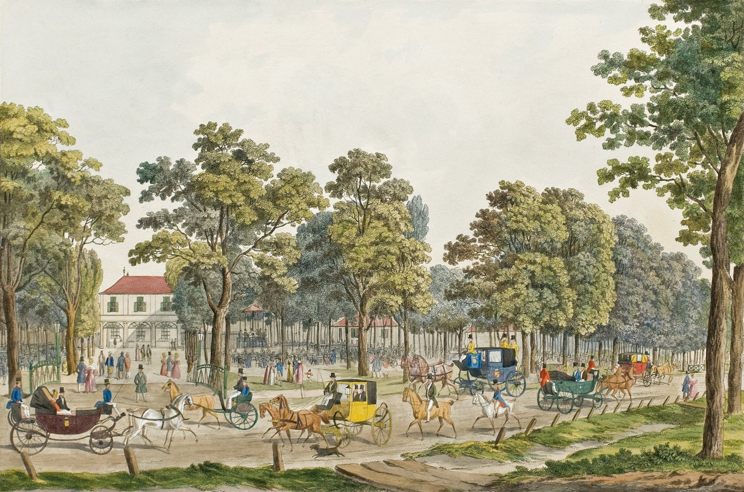 Hand painted oil on canvas landscape oil painting of Grand Avenue Park with carriages, figures, and lush green trees using. - Add Frame, Canvas, Figure, Forest, Garden, Hand Painted, Landscape, Made To Order, Oil Painting