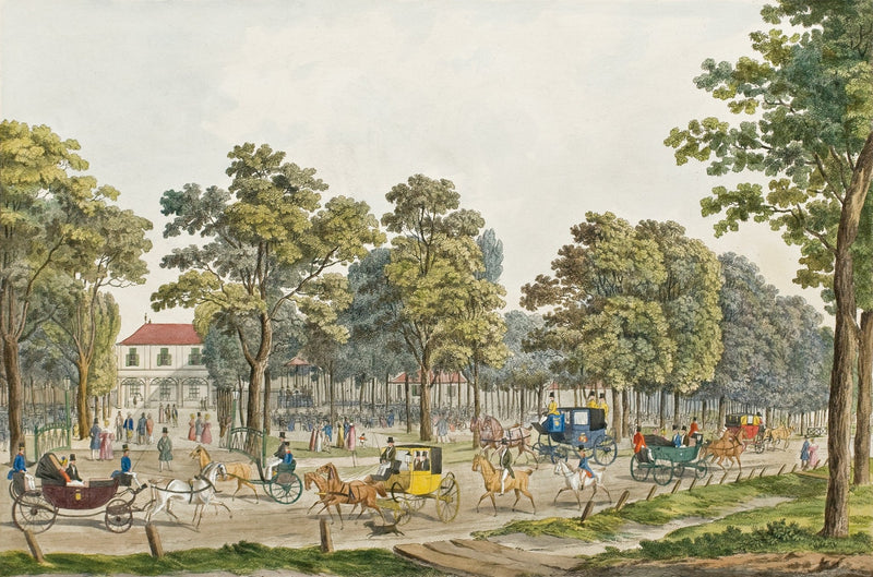 Hand painted oil on canvas landscape oil painting of Grand Avenue Park with carriages, figures, and lush green trees using. - Add Frame, Canvas, Figure, Forest, Garden, Hand Painted, Landscape, Made To Order, Oil Painting