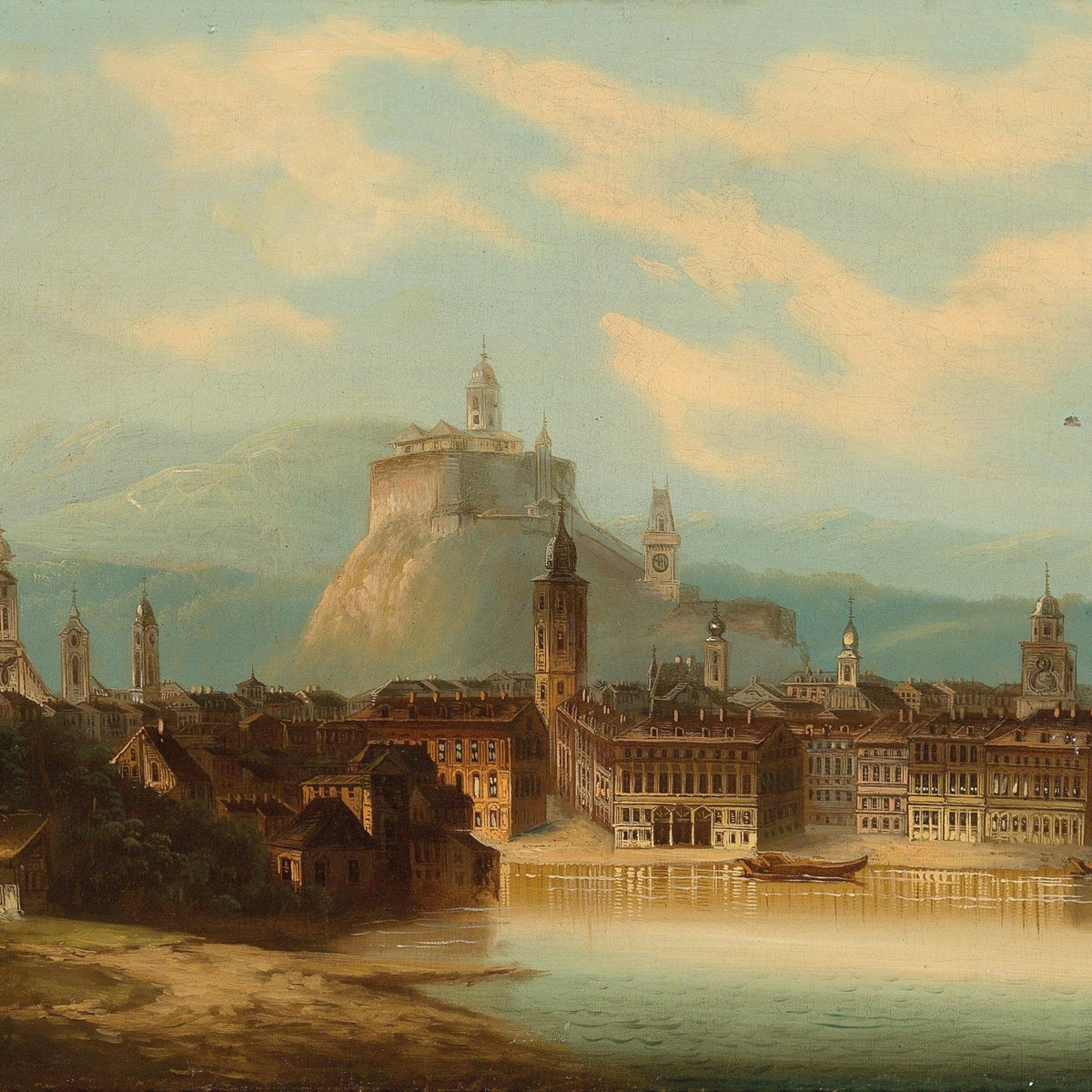 Grand European Cityscape, River, Fortress – Landscape Oil Painting - Oil Painting Haven