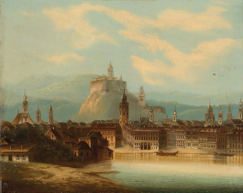 Grand European Cityscape, River, Fortress – Landscape Oil Painting - Oil Painting Haven