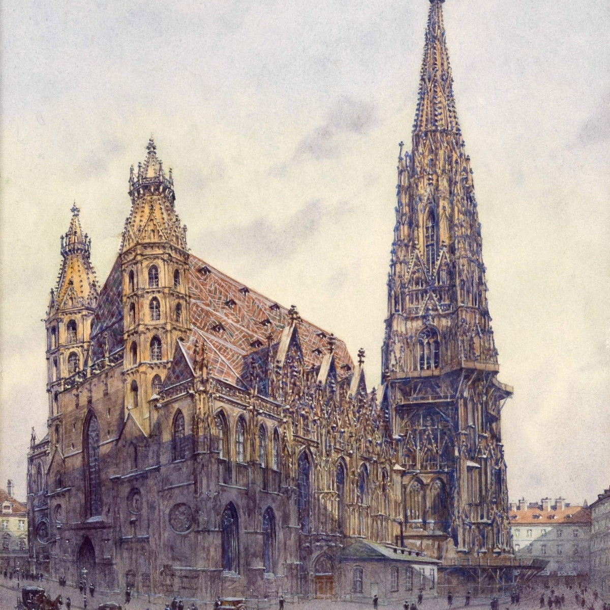Grand Gothic Cathedral Square with City Life – Landscape Oil Painting - Oil Painting Haven