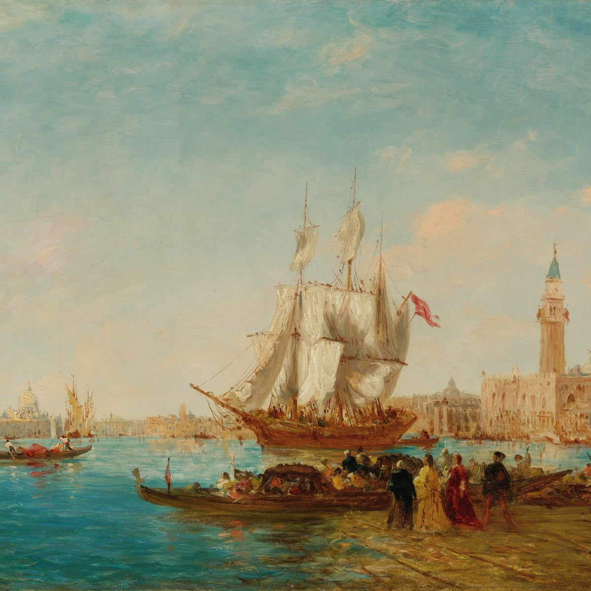 Hand-painted grand Venetian harbor scene nautical oil painting on canvas