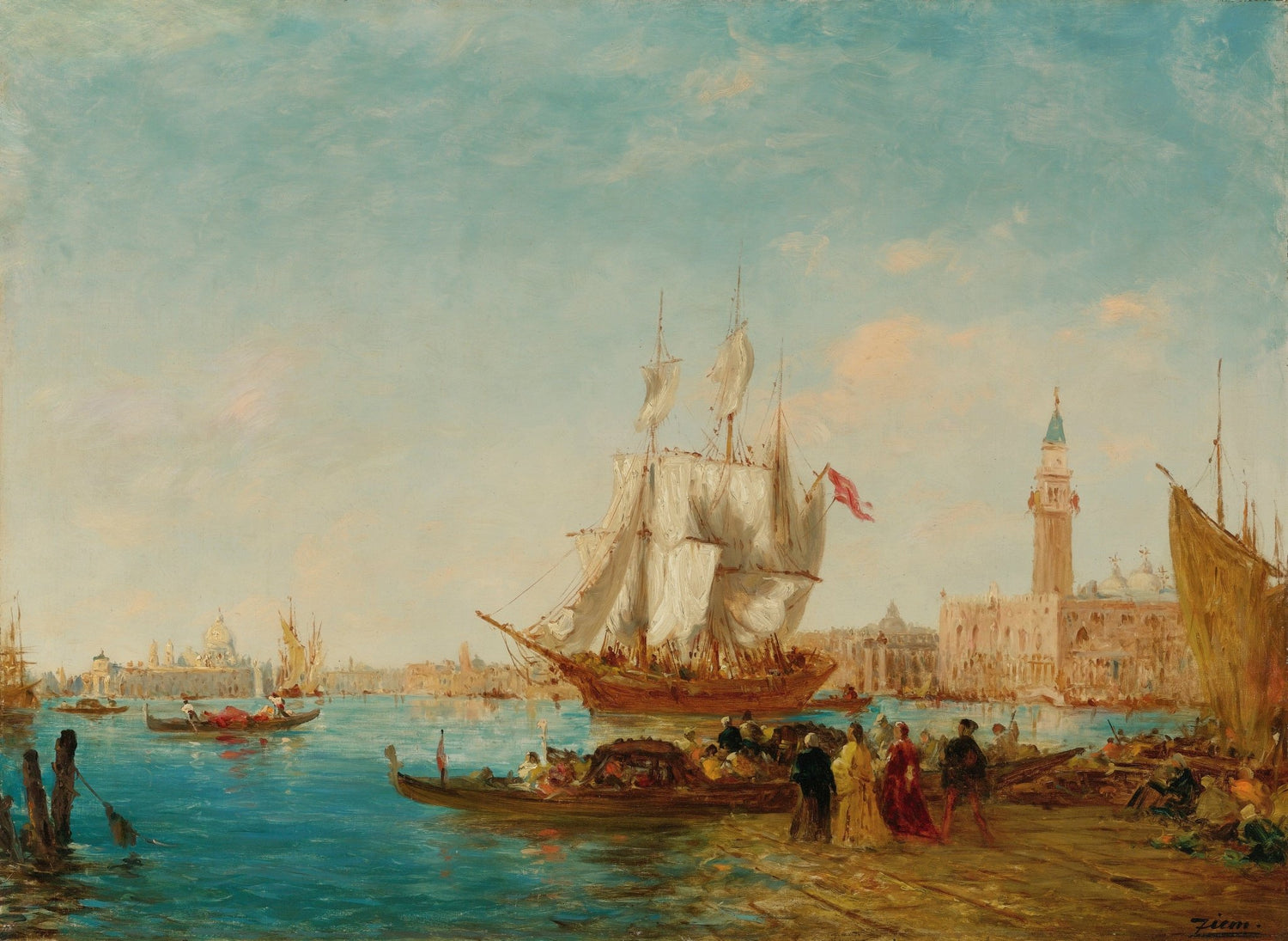 Hand-painted grand Venetian harbor scene nautical oil painting on canvas