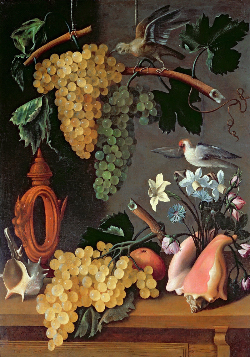 Grapes, Birds and Seashells Arrangement - Still Life Oil Painting - Oil Painting Haven