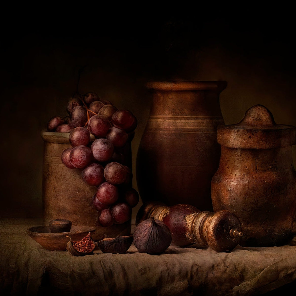 Grapes, Figs and Rustic Clay Pots - Still Life Oil Painting - Oil Painting Haven