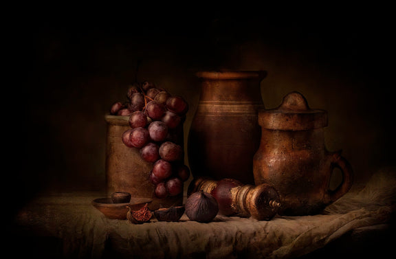 Grapes, Figs and Rustic Clay Pots - Still Life Oil Painting - Oil Painting Haven