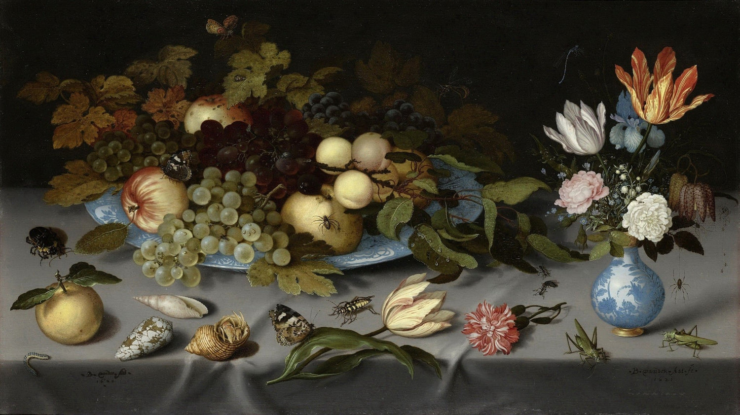 Grapes, Flowers and Insects Arrangement - Still Life Oil Painting - Oil Painting Haven