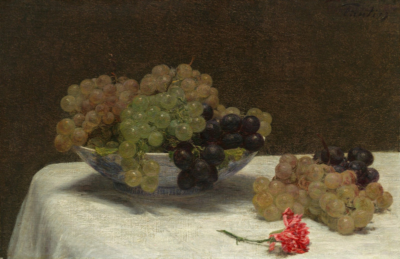Grapes in Bowl with Red Flower - Still Life Oil Painting - Oil Painting Haven
