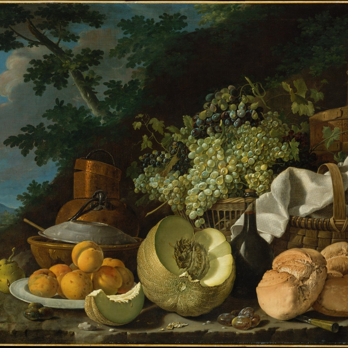 Grapes, Melon and Bread on Rustic Table - Still Life Oil Painting - Oil Painting Haven