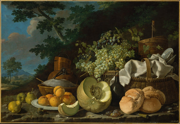 Grapes, Melon and Bread on Rustic Table - Still Life Oil Painting - Oil Painting Haven