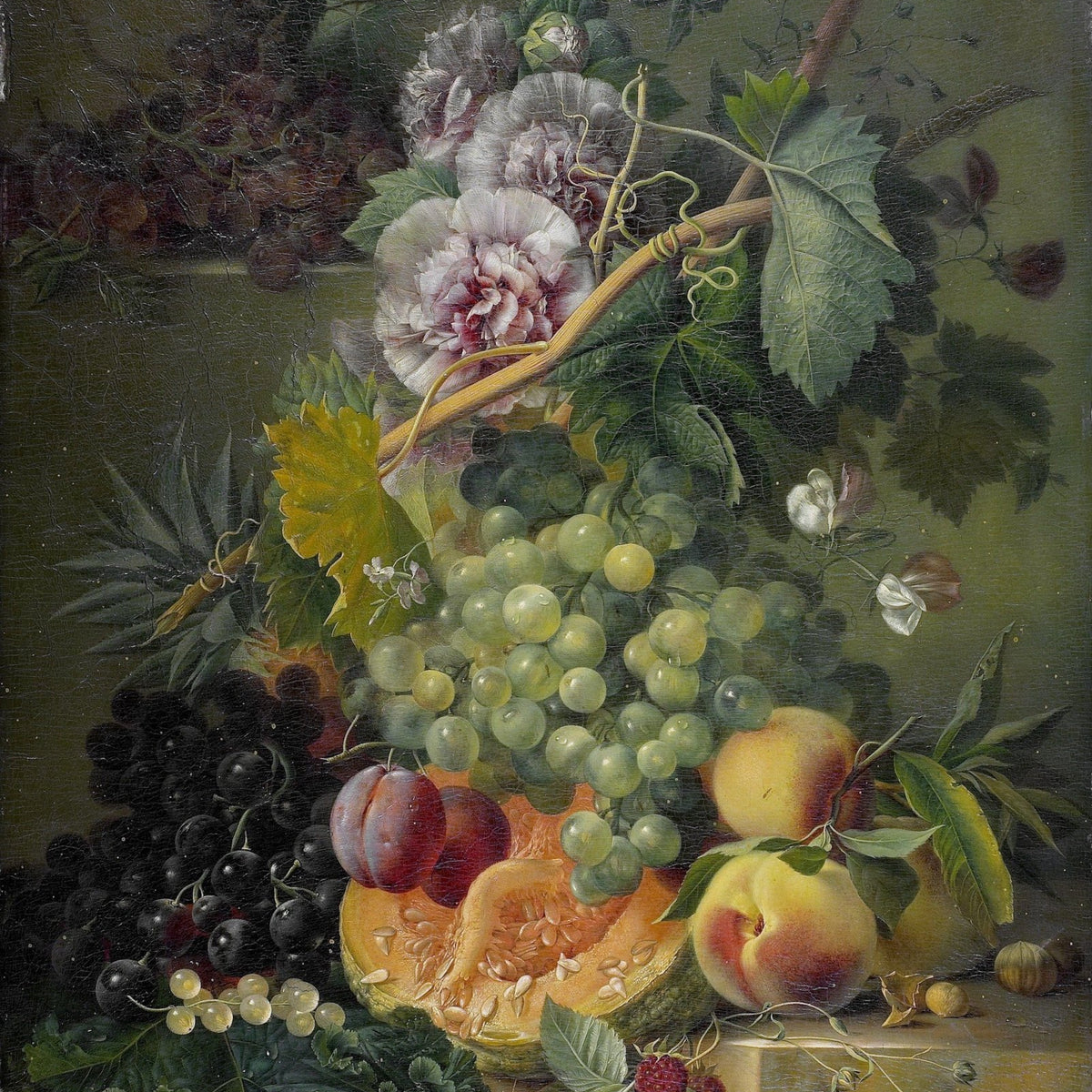 Grapes, Peaches and Flowers Arrangement - Still Life Oil Painting - Oil Painting Haven