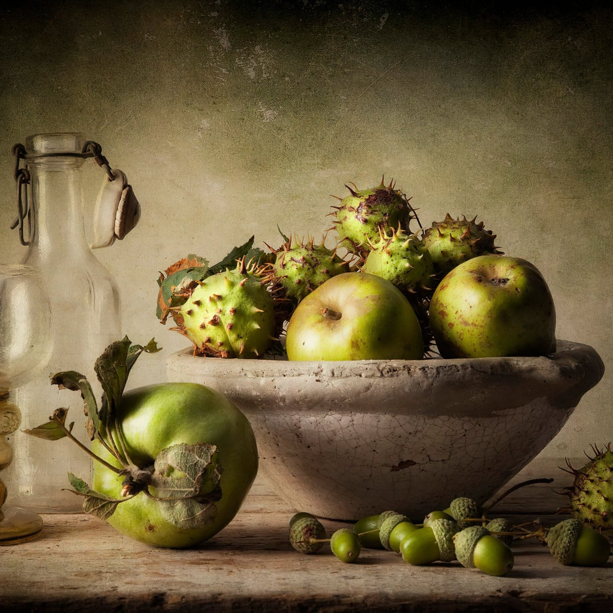 Green Apples and Chestnuts in Bowl - Still Life Oil Painting - Oil Painting Haven