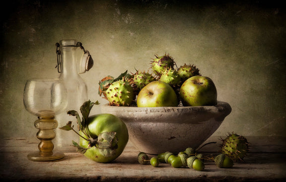 Green Apples and Chestnuts in Bowl - Still Life Oil Painting - Oil Painting Haven