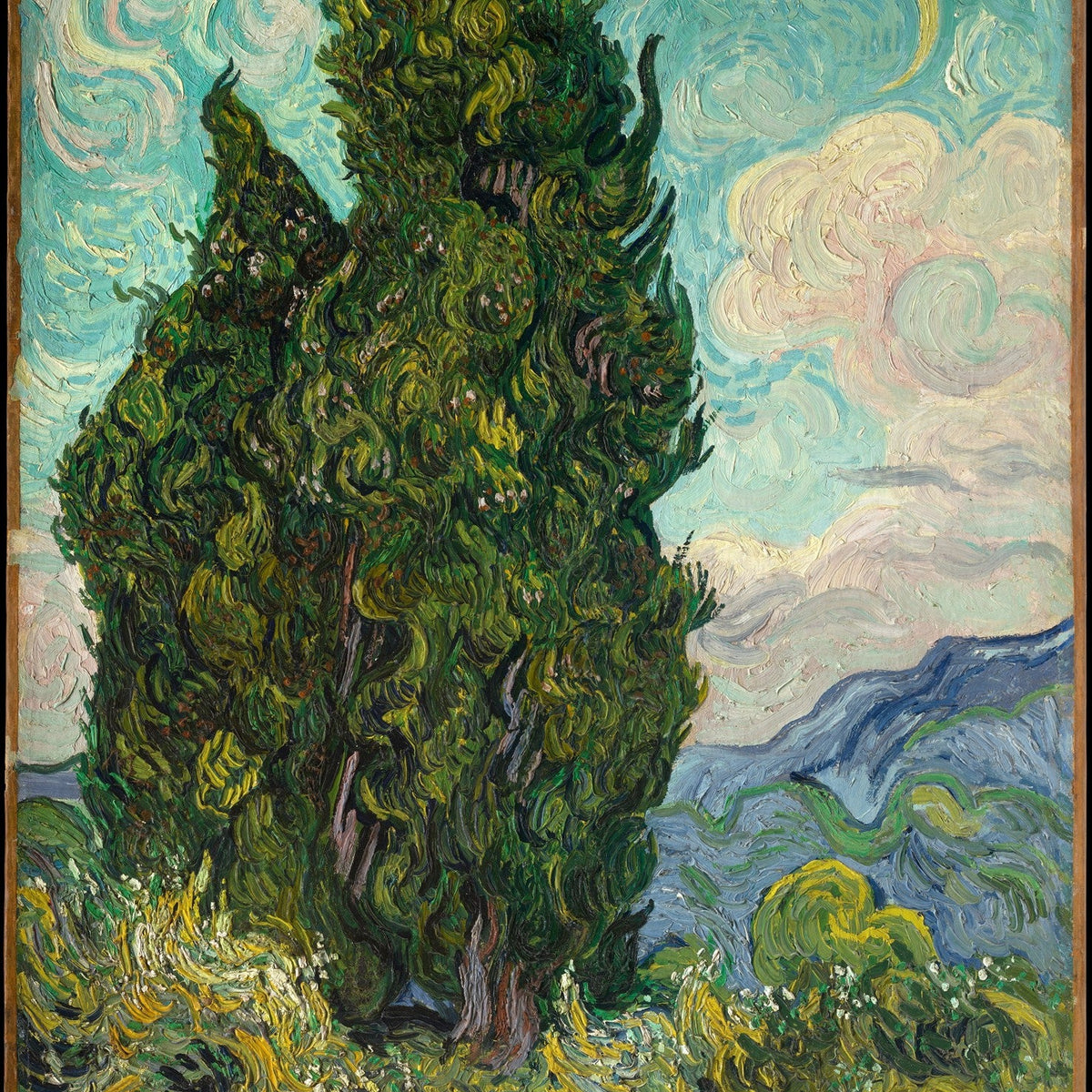 Green Cypress Tree Under Swirling Sky - Landscape Oil Painting - Oil Painting Haven