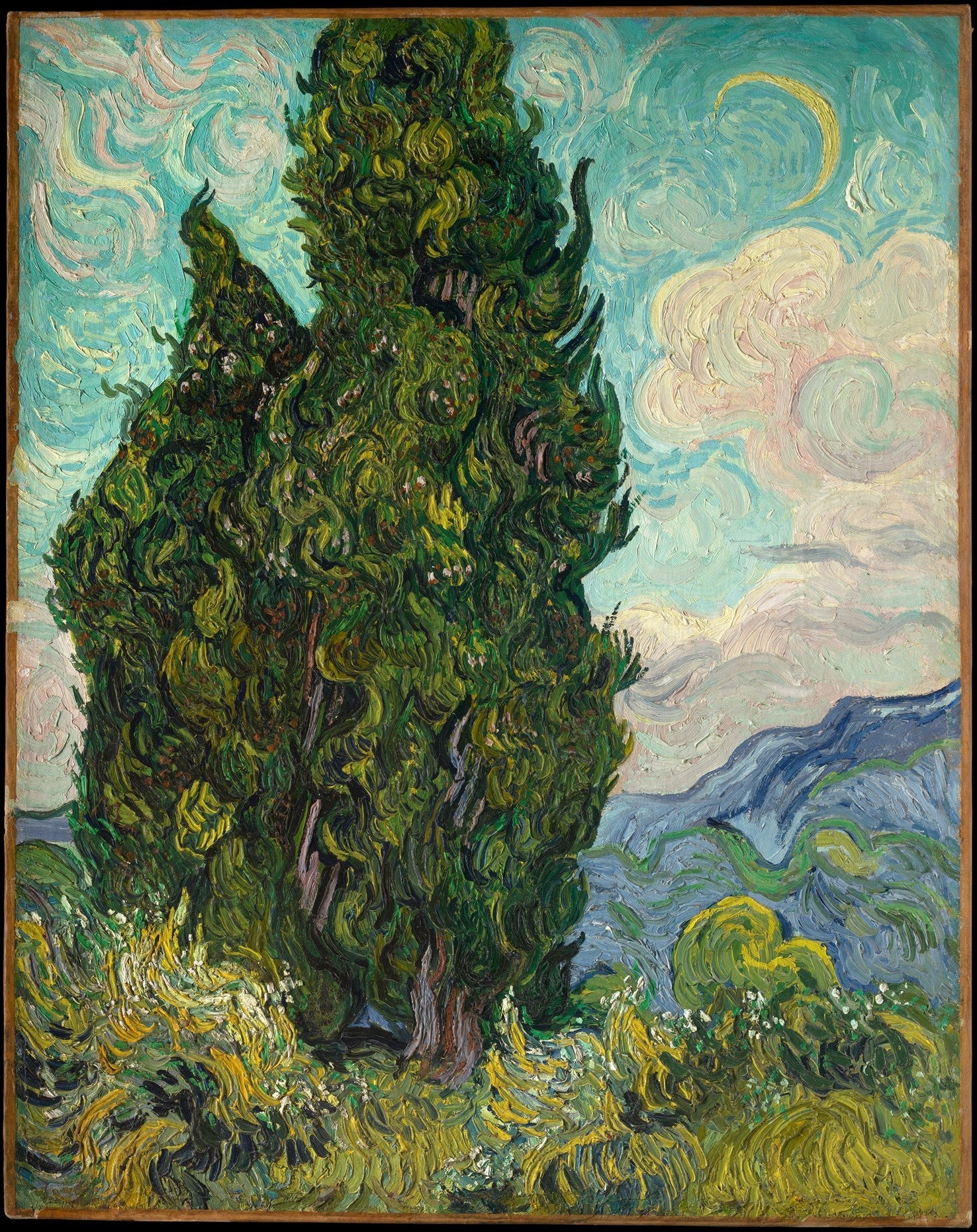 Green Cypress Tree Under Swirling Sky - Landscape Oil Painting - Oil Painting Haven