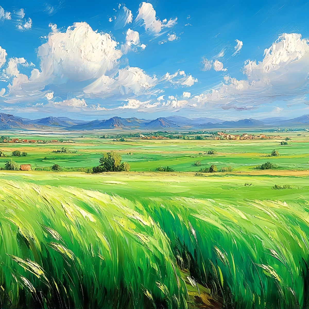 Green Fields Village Original Oil Painting For Sale | Landscape - Oil Painting Haven