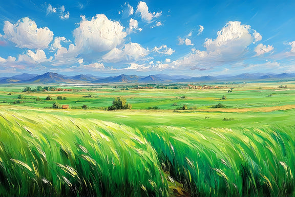 Green Fields Village Original Oil Painting For Sale | Landscape - Oil Painting Haven