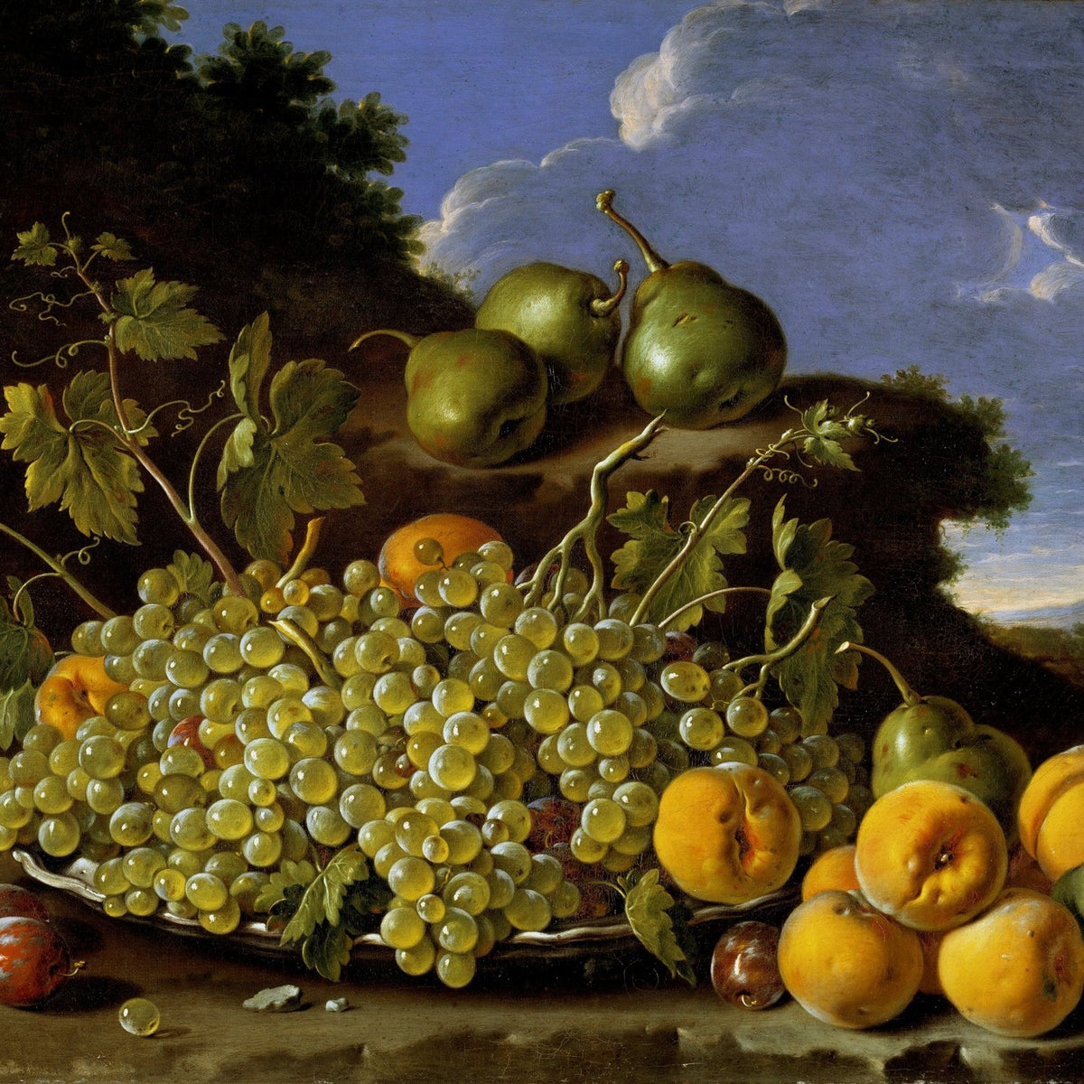 Green Grapes, Peaches and Pears Table Scene - Still Life Oil Painting - Oil Painting Haven