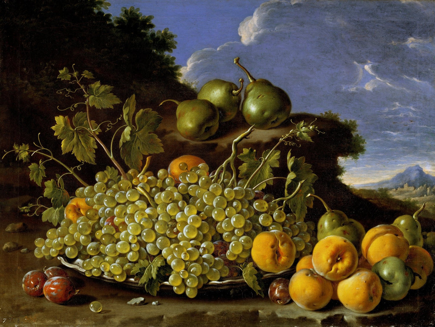 Green Grapes, Peaches and Pears Table Scene - Still Life Oil Painting - Oil Painting Haven