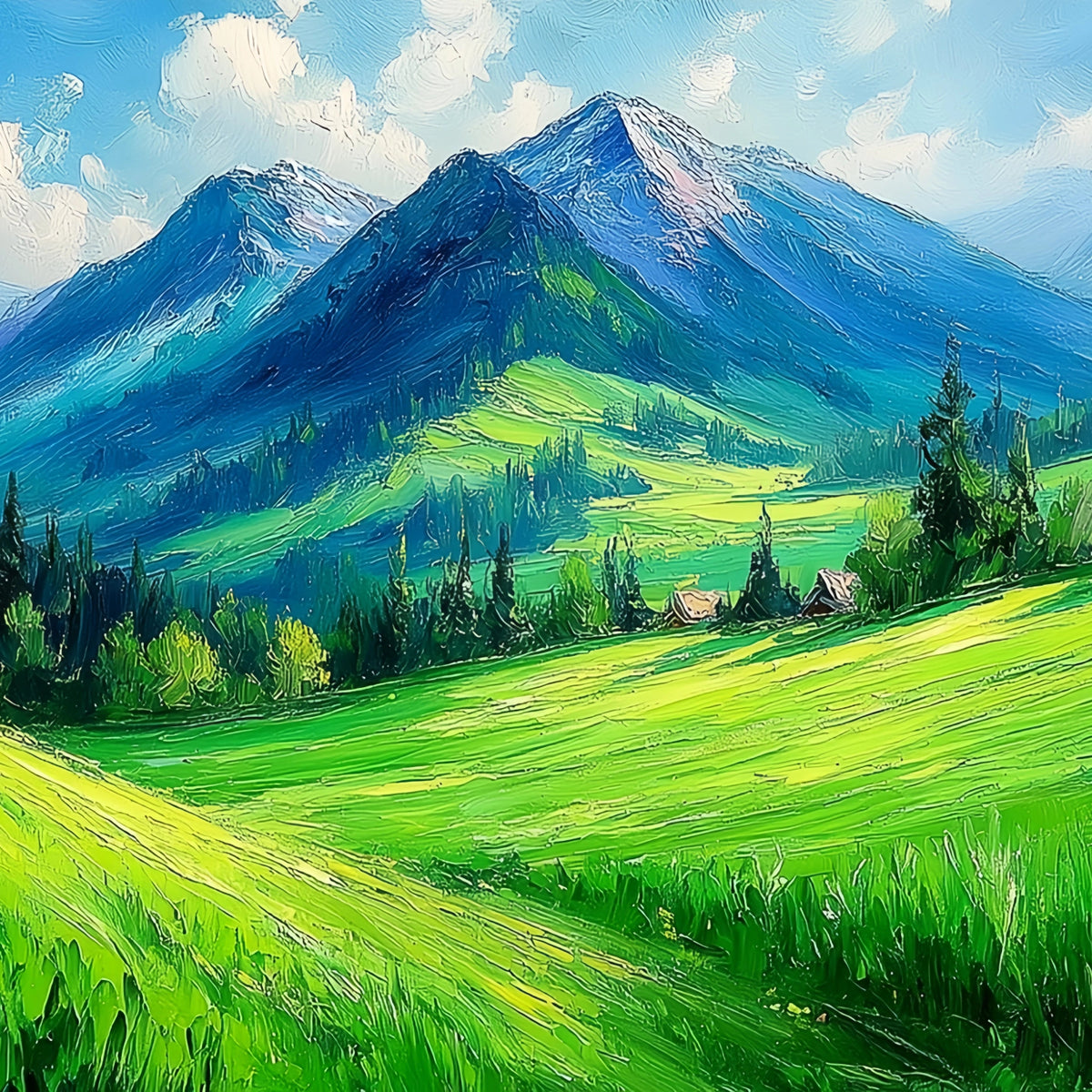 Green Valley Snowy Mountains Original Oil Painting For Sale - Oil Painting Haven