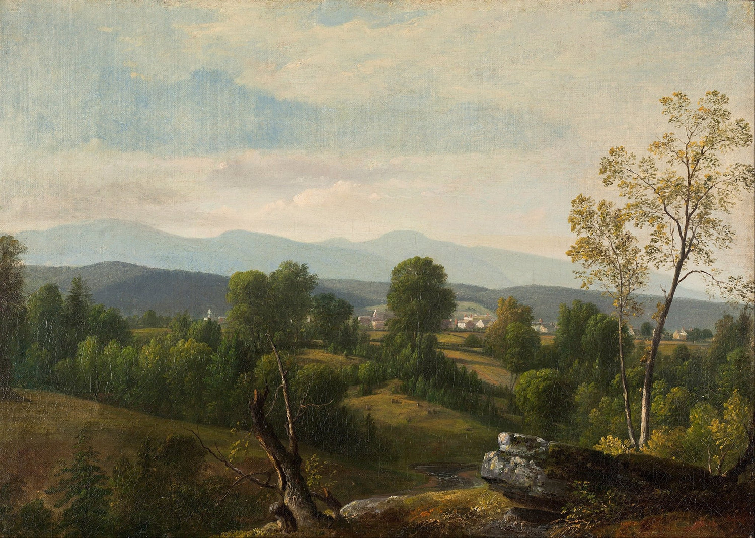 Green Valley with Distant Mountains - Landscape Oil Painting - Oil Painting Haven