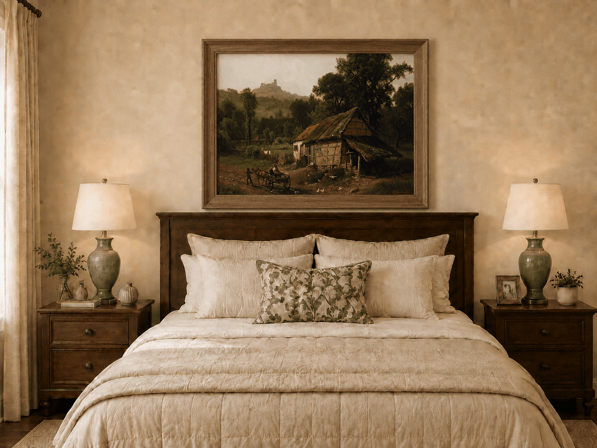 Framed hand-painted rural cottage oil painting with poultry and a distant castle displayed above a wooden bed in a neutral bedroom.