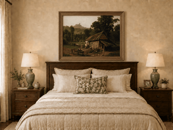 Framed hand-painted rural cottage oil painting with poultry and a distant castle displayed above a wooden bed in a neutral bedroom.