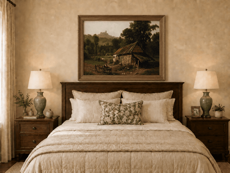 Framed hand-painted rural cottage oil painting with poultry and a distant castle displayed above a wooden bed in a neutral bedroom.