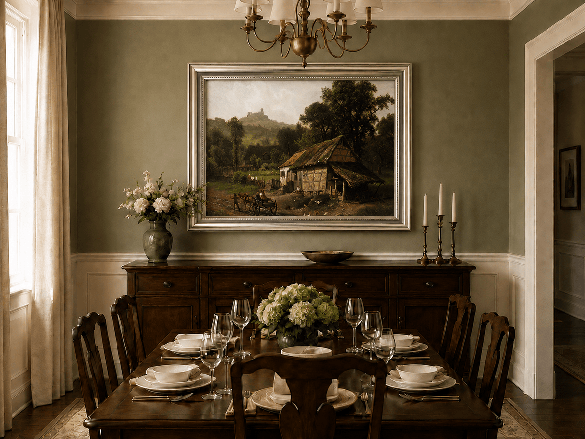 Framed hand-painted rural cottage oil painting with poultry and a distant castle displayed above a formal dining table.
