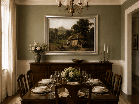 Framed hand-painted rural cottage oil painting with poultry and a distant castle displayed above a formal dining table.