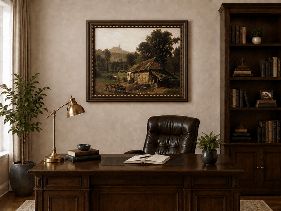 Framed hand-painted rural cottage oil painting with poultry and a distant castle displayed above a traditional home office desk.