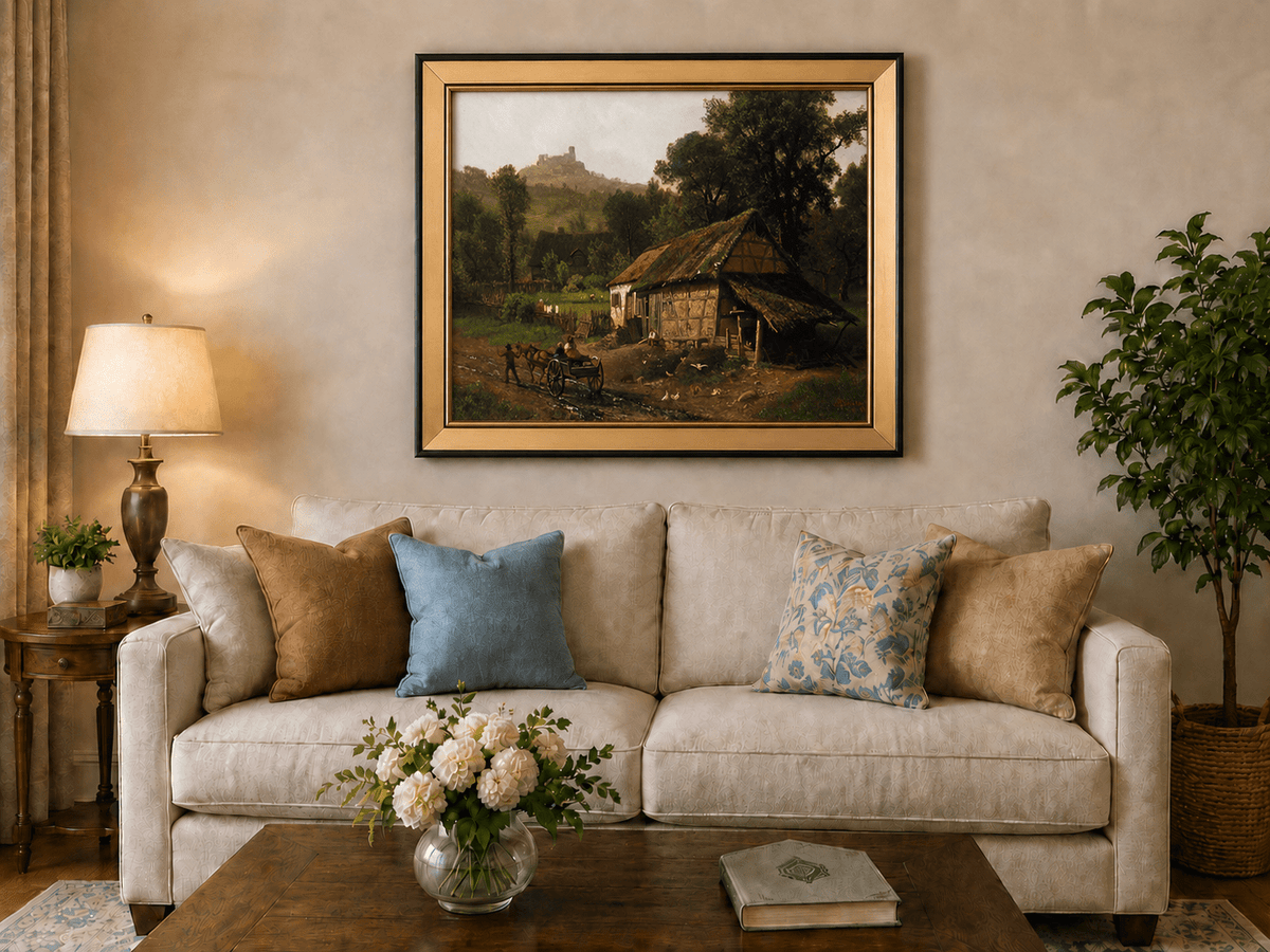 Framed hand-painted rural cottage oil painting with poultry and a distant castle displayed above a neutral living room sofa.