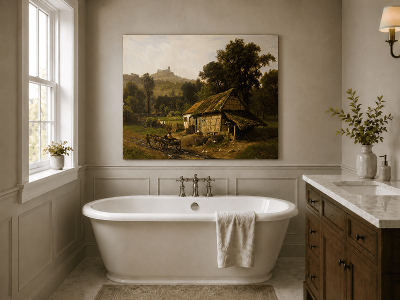 Unframed hand-painted rural cottage oil painting with poultry and a distant castle displayed above a freestanding bathtub.