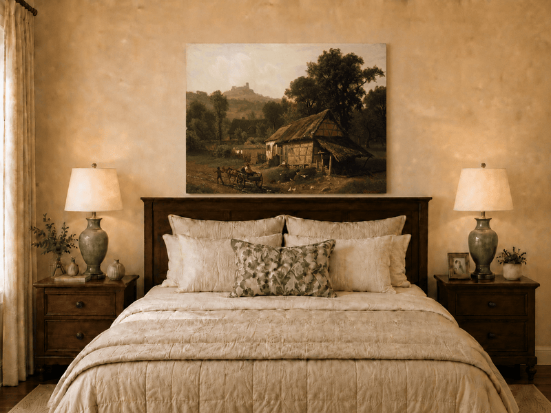 Unframed hand-painted rural cottage oil painting with poultry and a distant castle displayed above a wooden bed in a neutral bedroom.
