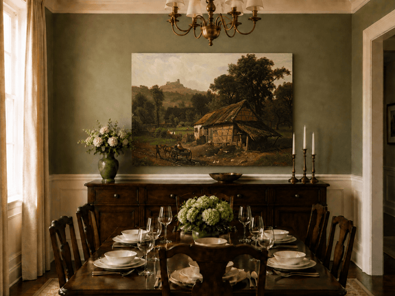 Unframed hand-painted rural cottage oil painting with poultry and a distant castle displayed above a formal dining table.