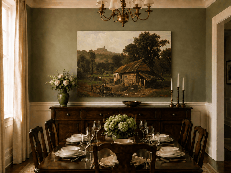Unframed hand-painted rural cottage oil painting with poultry and a distant castle displayed above a formal dining table.
