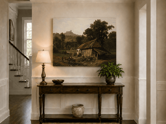 Unframed hand-painted rural cottage oil painting with poultry and a distant castle displayed above an entryway console table.