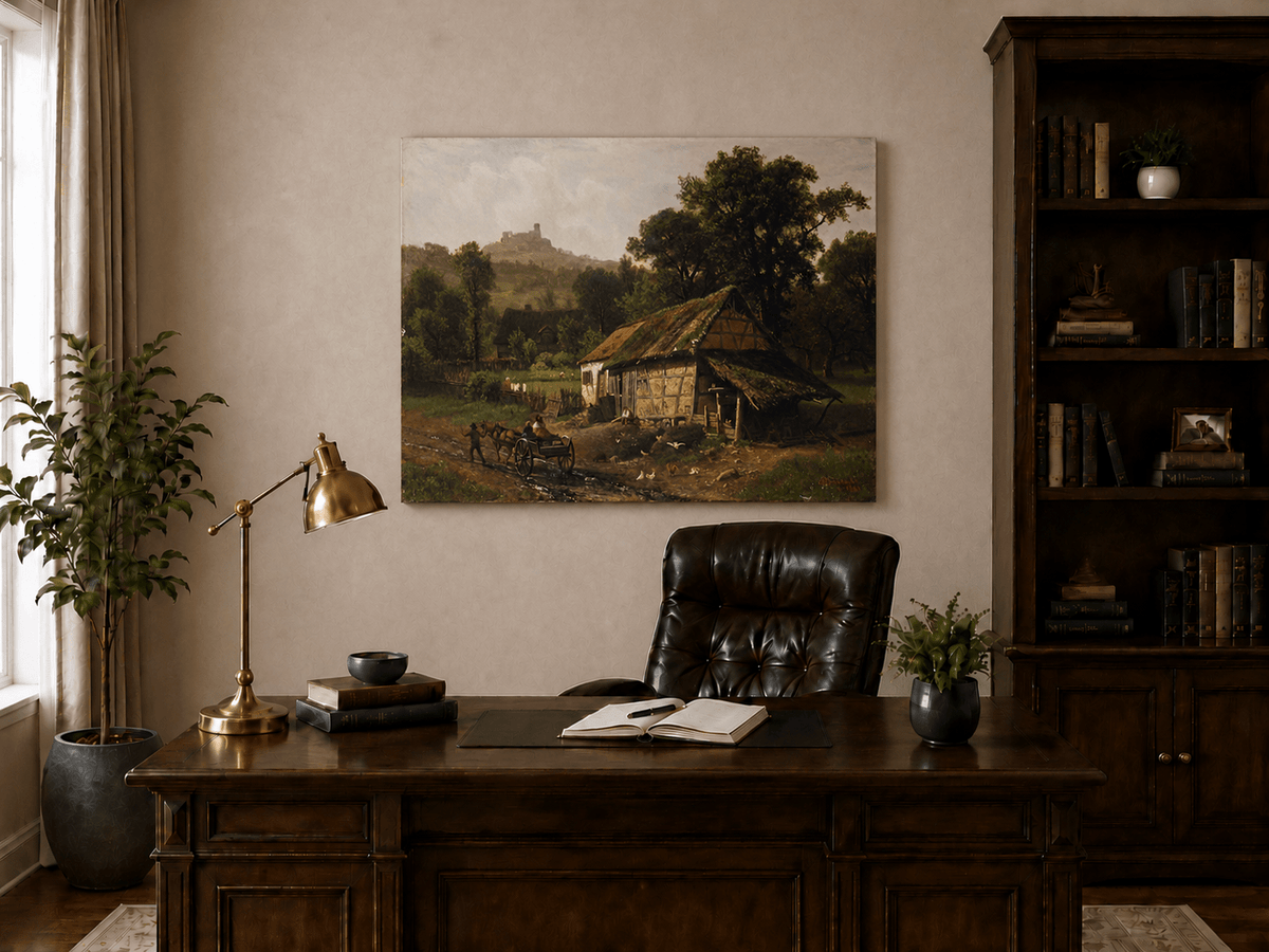 Unframed hand-painted rural cottage oil painting with poultry and a distant castle displayed above a traditional home office desk.