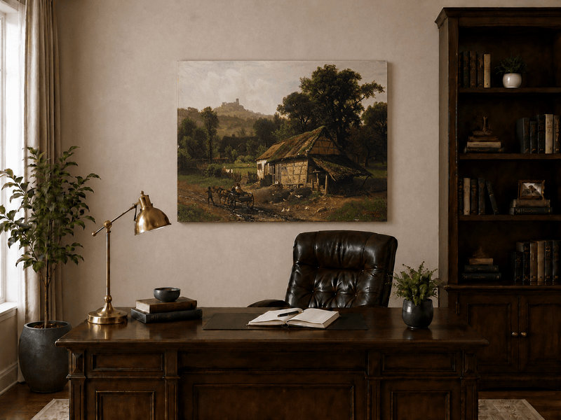 Unframed hand-painted rural cottage oil painting with poultry and a distant castle displayed above a traditional home office desk.