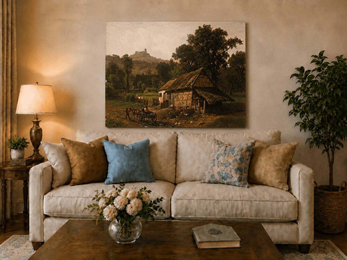 Unframed hand-painted rural cottage oil painting with poultry and a distant castle displayed above a neutral living room sofa.