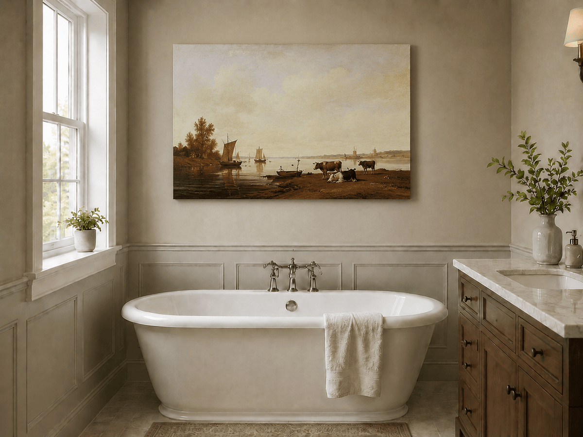 Peinture à l'huile de paysage - Village côtier avec phare et coucher de soleil