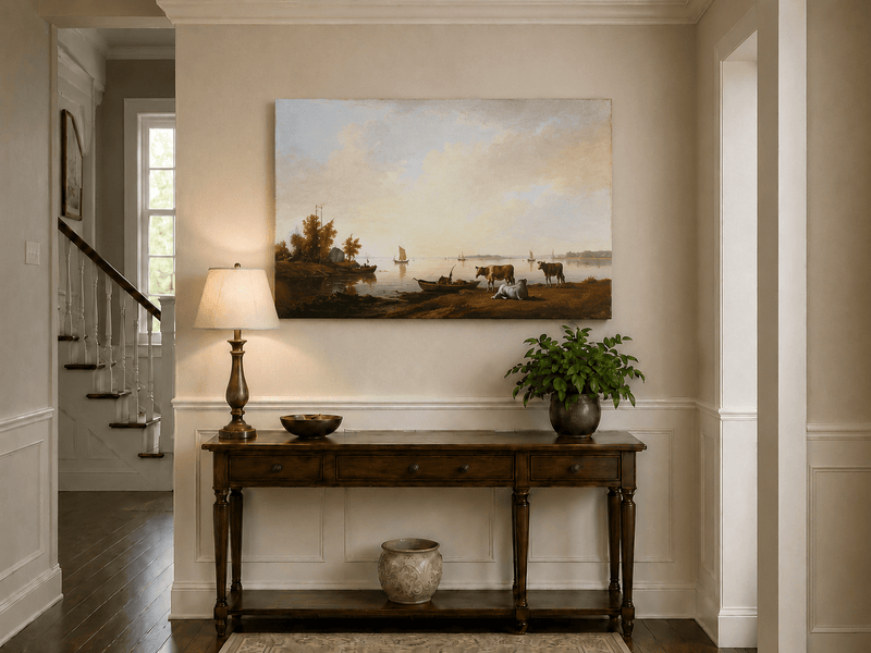 Peinture à l'huile de paysage - Village côtier avec phare et coucher de soleil