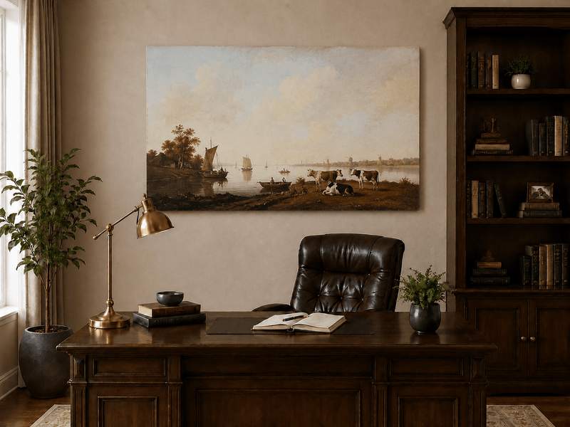 Peinture à l'huile de paysage - Village côtier avec phare et coucher de soleil