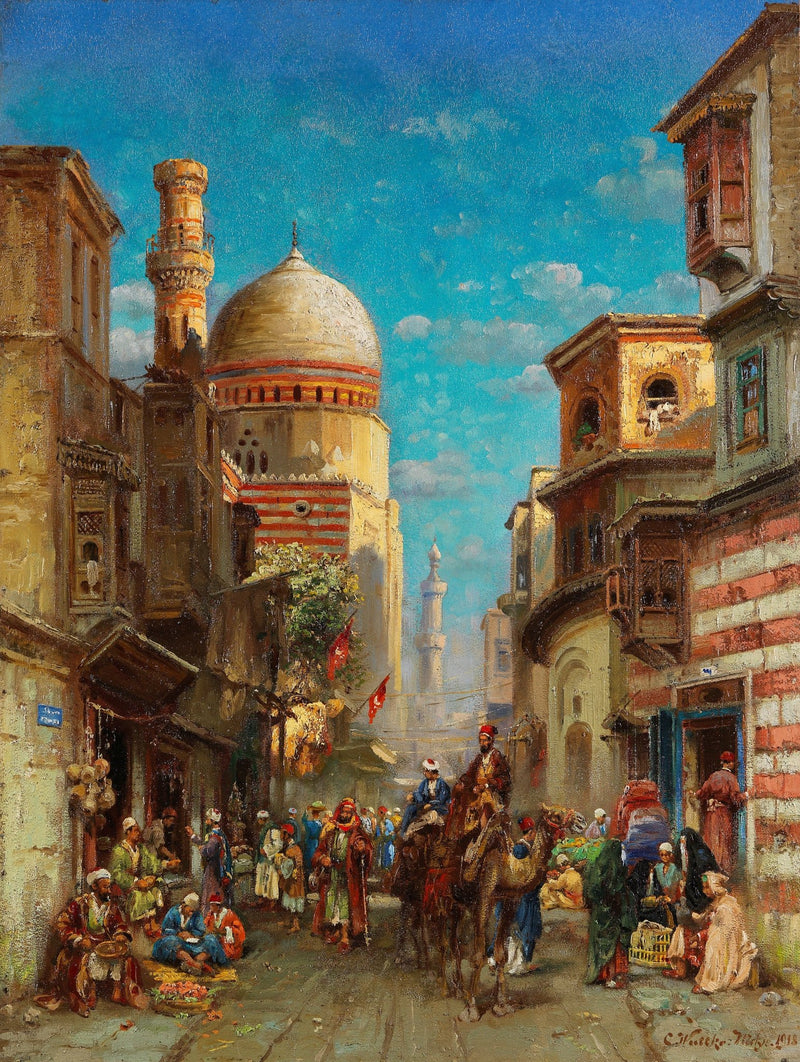 Hand-painted hand-painted cairo market street view landscape oil painting on canvas