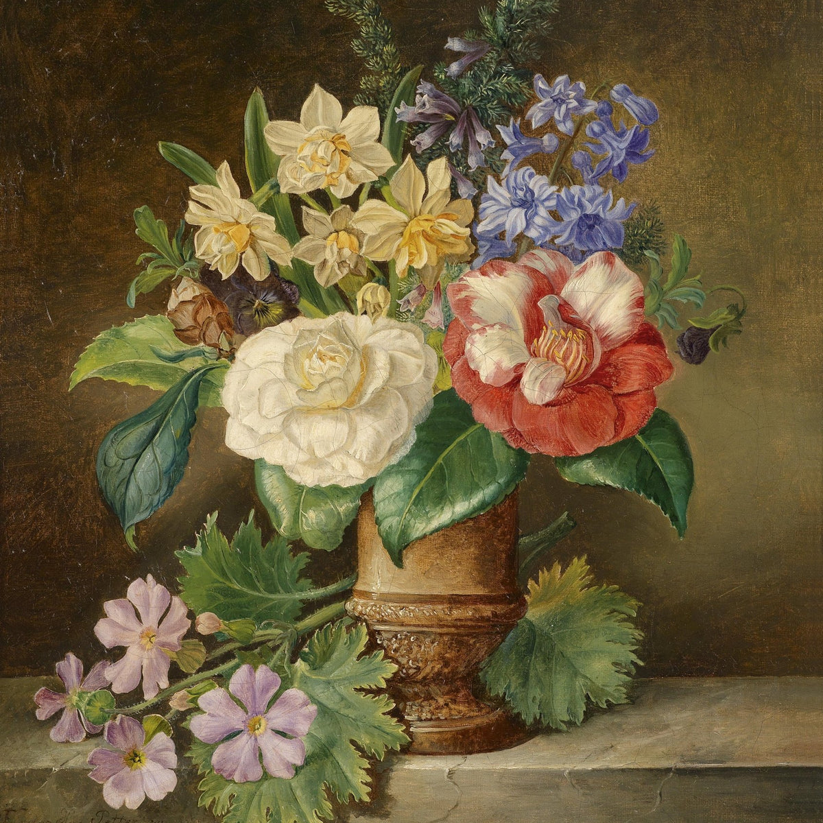 Hand - Painted Camellia and Daffodil Vase – Floral Oil Painting - Oil Painting Haven