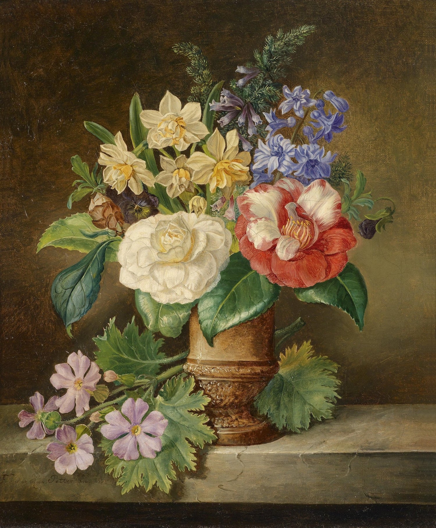 Hand - Painted Camellia and Daffodil Vase – Floral Oil Painting - Oil Painting Haven