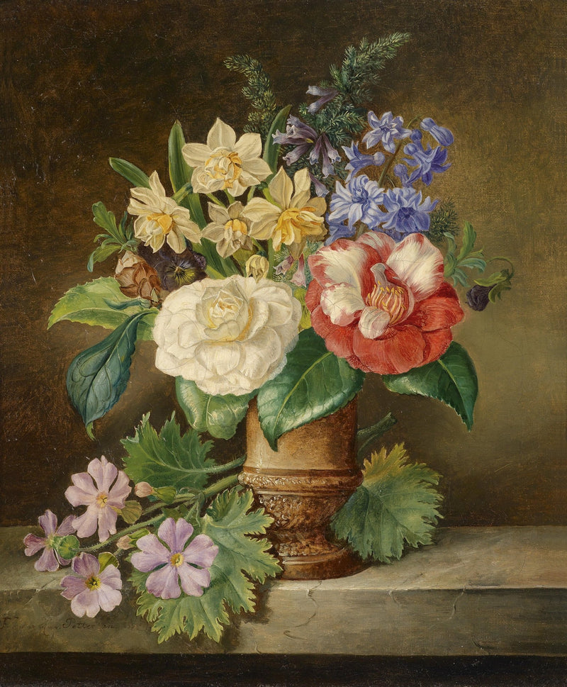 Hand - Painted Camellia and Daffodil Vase – Floral Oil Painting - Oil Painting Haven