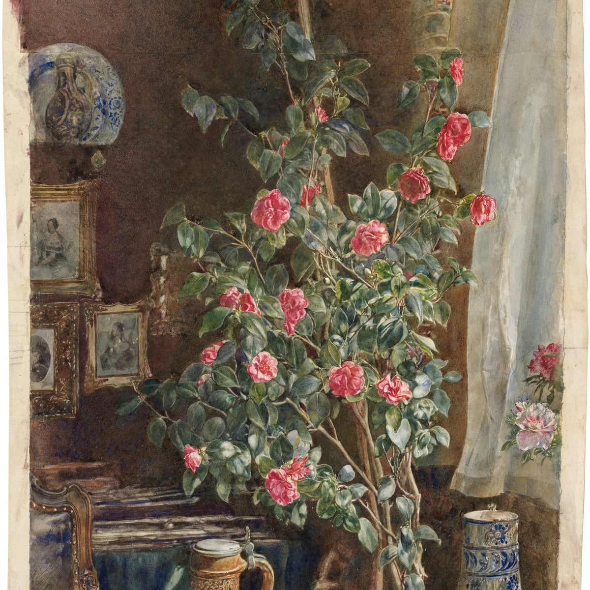 Hand - Painted Camellia Plant Interior Scene - Floral Oil Painting - Oil Painting Haven
