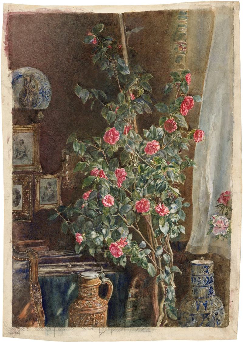 Hand - Painted Camellia Plant Interior Scene - Floral Oil Painting - Oil Painting Haven